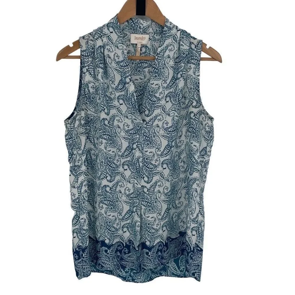 Laundry Shelli Segal Womens Paisley Blouse Top Button Up Blue Blue White Small‎